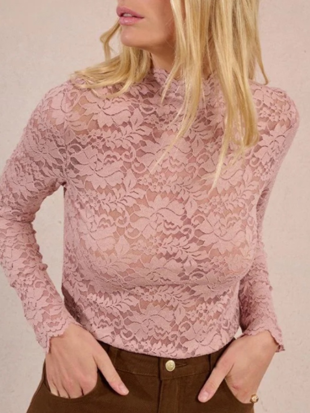 NWT Molly Bracken pink lace knit stretch mock neck top L